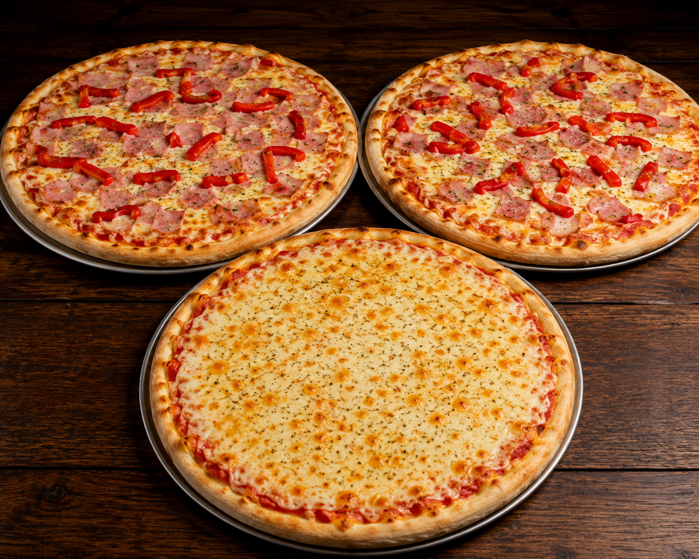 2 pizzas jamón y morrón + 1 muzza